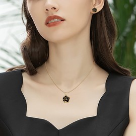 Clearine Black Rose Flower Necklace Earrings Set 14K Plated Hypoallergenic Jewellery Gift for Women Girls