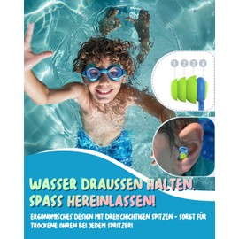 Hearprotek Ear protection swimming children, 2 pairs of ear plugs swimming children's ear protection water for swimming and bathing, diving, surfing, water sports (3-12 years), blue