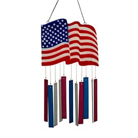 Cohasset Gifts American Flag Tumbled Glass Wind Chime - Wood Carved Ornament