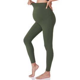 POSHDIVAH 3 Pack Black Grey Green Women's Maternity Workout Leggings Over The Belly Pregnancy Yoga Pants with Pockets Large