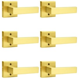 Probrico Brushed Gold Dummy Door Handle Interior Door Levers Square Single Non-Turning Satin Brass Door Handles Hardware for French Door, 6 Pack