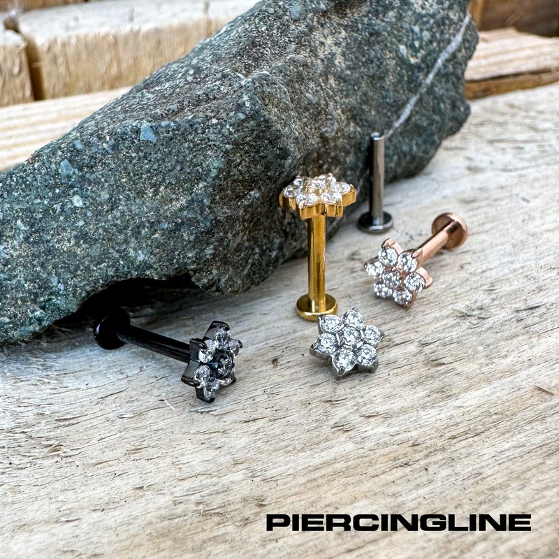 PIERCINGLINE Titanium Labret with Internal Thread Crystal Flower Piercing Lip