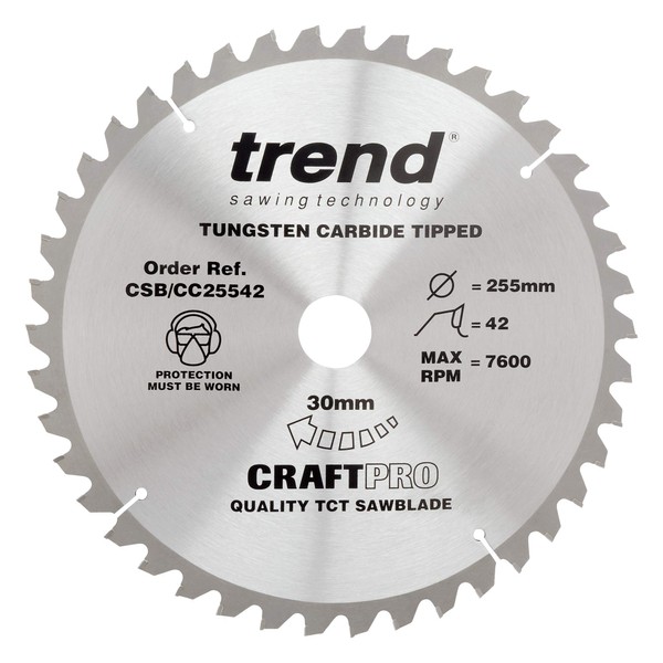 Trend CSB/CC25542 Craft Pro Negative Hook Crosscutting TCT Circular Saw Blade Ideal for Makita MLS100 Table/Mitre Saws, 255mm x 42 Teeth x 30 Bore, Tungsten Carbide Tipped