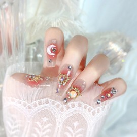 Coffin Press on Nails Medium Red Blooming Fake Nails Glitter Glue on Nails with Decorate Moon Butterfly Designs Rhinestones False Nails Glossy Artificial Nails Press ons for Girls Women 24Pcs