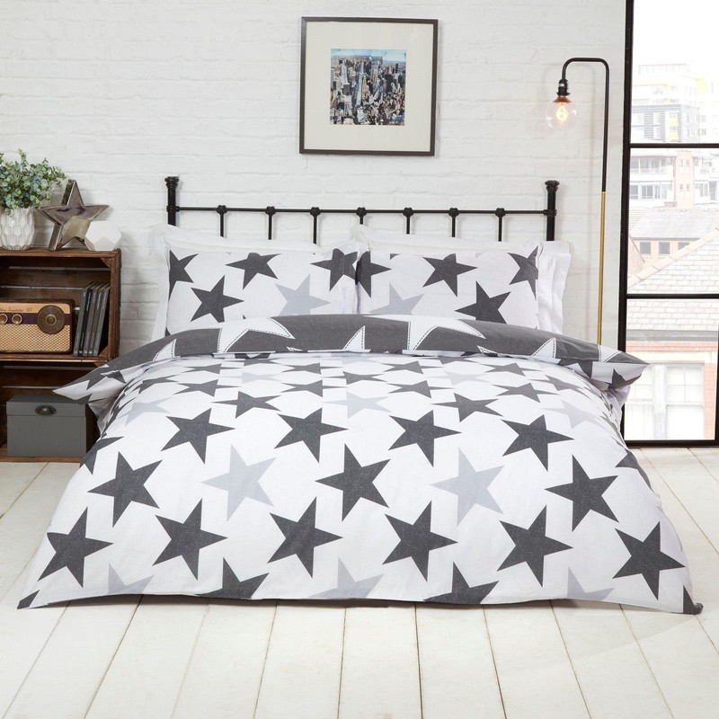 Rapport Stars Reversible Duvet Cover Bed Set, Polycotton Grey, Single