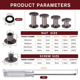 YIXISI 100 Set M5 x 5/8/10/12 mm Chicago Binding Screws Assorted Kit, 4 Sizes Book Binding Rivets Kit, Leather Rivets Kit with Screwdriver, for DIY Leather Decoration Bookbinding, Black Nickel