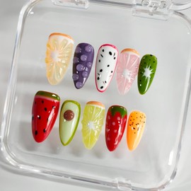 Handmade Nails 3D Fruit Almond Press on Nails Medium Length Cute Thick Acrylic Fake Nails Summer False Nails with Strawberry Kiwi Designs Colorful Nail Art Press on Nails 10Pcs(M)