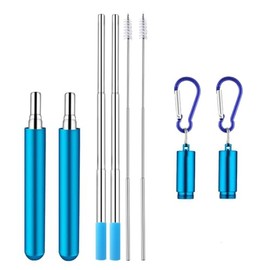 2 Pack Reusable Metal Straws Collapsible Stainless Steel Drinking Straw Travel Portable Telescopic Straw with Case, 2 Cleaning Brushes Included