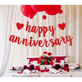 Happy Anniversary Banner Decoration Red, Men Women Glitter Wedding Bunting Garland for Birthday Anniversary Wedding Love Party Ceremony Decoration Photo Backdrop Party Supplies