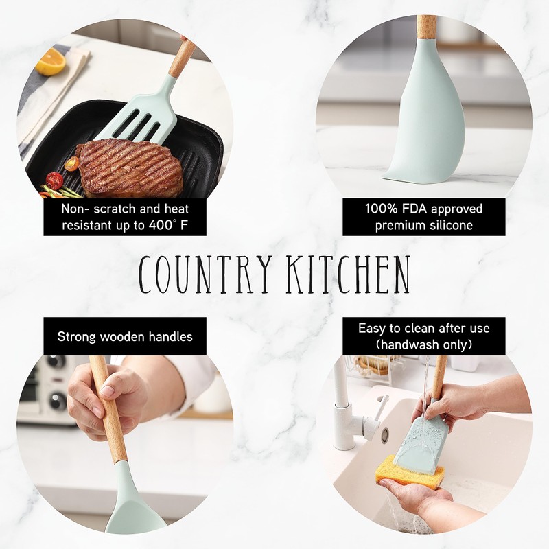 Country Kitchen Non Stick Silicone Utensil Set with Rounded Wood
