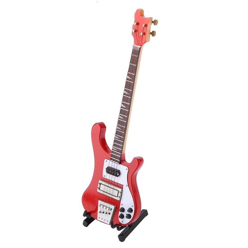 Hilitand Red Miniature Bass Guitar Wood Replica Model Ornament with