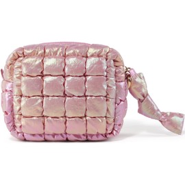 Yarnic Quilted Makeup Bag Cosmetic Bag, Travel Toiletry Bag for Women, Cute Makeup Bag Organizer Puffer Makeup Pouch (Iridescent Pink, S)