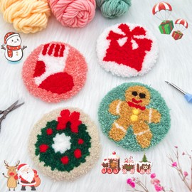 JSRQT 4 Piece Christmas Punch Needle Coaster Set, Punch Needle Embroidery Set Beginners Adults with Sock Garlands Design, DIY Craft Punch Needle Embroidery Kit with Punch Needle Tool Set