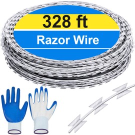 Hoolerry 328 ft Razor Wire Fencing Concertina Wire Razor Barbed Wire Fence Galvanized Steel Razor Wire with Protective Gloves for Garden Wall Farm Factory Back Yard Security Protection