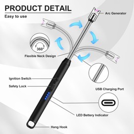 LcFun Electric Candle Lighter with 360° Flexible Neck & Safety Lock, Windproof USB Rechargeable Flameless Arc Long Lighters for Grill, BBQ, Camping, Fireplace, Stove