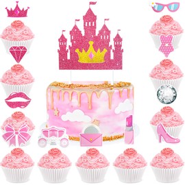 Cyodoos - 68 piezas de decoración de magdalenas de princesa rosa que incluye tacones altos, lazo, bola de discoteca, lápiz labial de espera, magdalenas para niña rosa, decoración de cumpleaños, fiesta