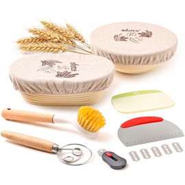 Olforce Banneton Bread Proofing Baskets,10"Round & 11"Oval Proofing Basket with Liners,Sourdough Bread Making Tools Kit with Bread Lame,Dough Whish,Brush,Bowl Scraper and Stainless Steel Scraper