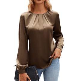 Bluetime Work Outfits for Women Office Business Casual Tops Satin Silk Long Sleeve Dress Shirts Trendy (Coffee,Large)