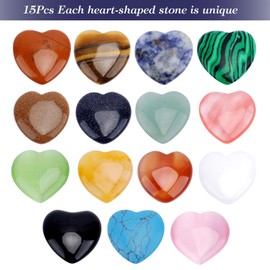 Heart Stones Set of 15 Heart Gemstones Set, Natural Colourful Crystal Stones Decoration, Small Heart Pocket Stones Lucky Charm, Heart-Shaped Crystal Stones for DIY Crafts Decoration (20 x 19 x 6 mm)