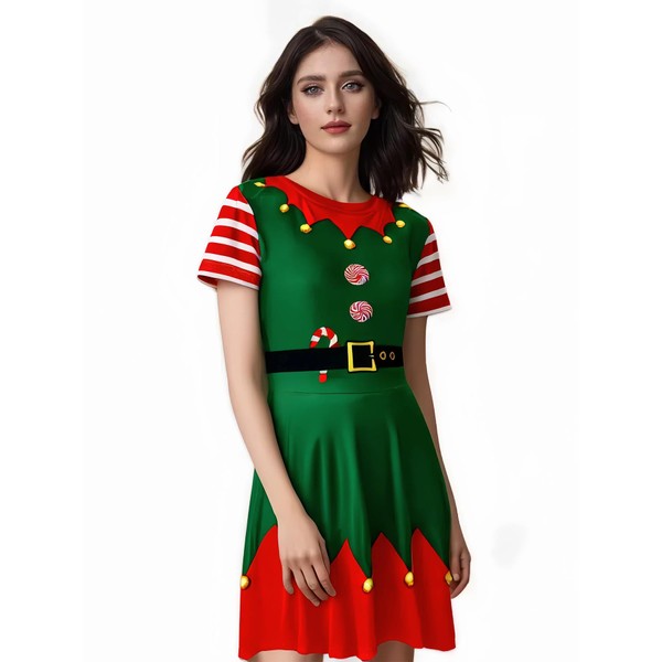 Glimnerize Christmas Women's Dress Round Neck Candy Cane Party Elf