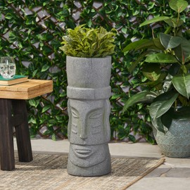 Christopher Knight Home Jorine Lightweight Concrete Planter, Cast Stone Planter, Moai Design Urn, Tall Plant Pot, Easter Island Garden Pot with Drainage Hole for Backyard Hall Garden, Stone Gray