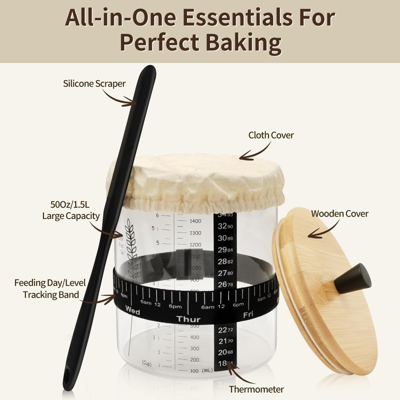 Rakovar 50oz Sourdough Starter Jar Kit, Wide Mouth Sourdough Starter