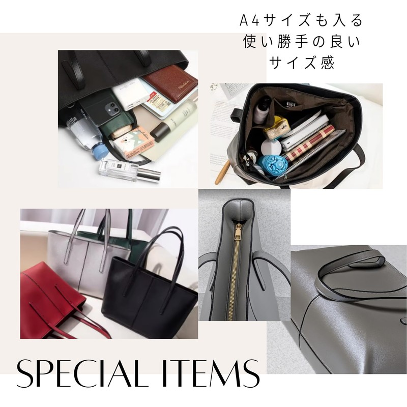 pokiele Tote Bag, PU Leather, Compatible with A4, Business, Casual,