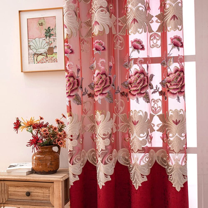 ELKCA Luxury Burgundy Red Chenille Floral Embroidered Curtains for Bedroom