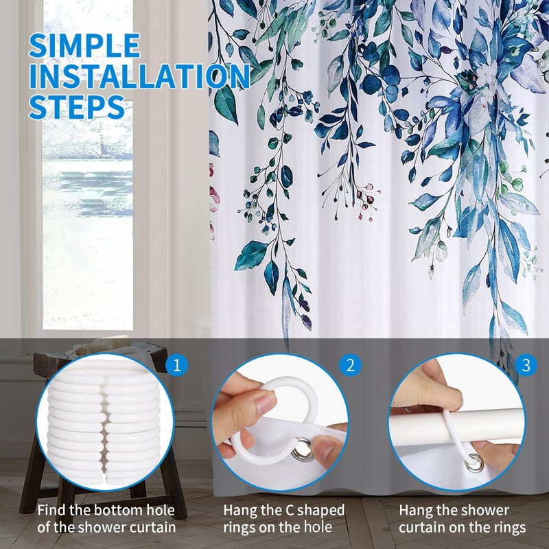 REZAYMRS Flower Shower Curtains with 12 Hooks, Polyester Waterproof Shower