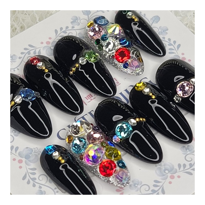 Color Full Stone Handmade Nail Tips - Square M /