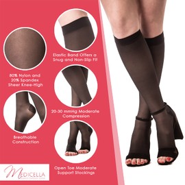 Medicella Calcetines de compresión transparentes hasta la rodilla, punta abierta, 20-30 mmHg, calidad médica, fabricados en Estados Unidos, soporte de circulación, presión firme (negro, XL)