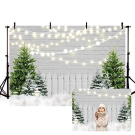 MEHOFOND 8x6ft Winter Christmas Backdrop White Brick Wall Fence Cedar Outdoor Snow Scene Photography Background Xmas Party Decoration Banner Portrait Photo Booth Studio Props
