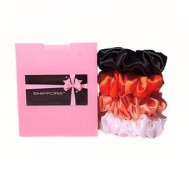 SHIFFORA Satin Silk Scrunchies For Women & Teens, Ponytail Holders, Elastic Bands, Hair Ties (Black, Orange, Dark Orange, White) [Pack of 4], With A Surprise Gift