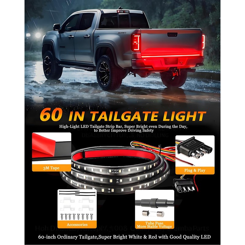 60inch Truck Tailgate Light Strip Bar, White/Red Reverse Light Brake