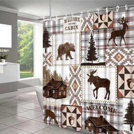 Rustic Cabin Shower Curtain Bear Deer Farmhouse Lodge Wildlife Plaid Check Western Country Wild Animal Adventure Hunting Bathroom Home Fall Decor Fabric Polyester Set with Hooks 70W x 70H Inch