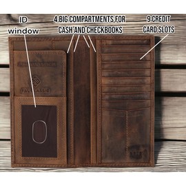 Men's RFID Vintage Look Genuine Leather Long Bifold Wallet Checkbook Wallets,buffalo wax leather,classic brown skull,240-120