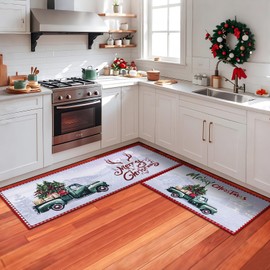 JSVSLTD Christmas Kitchen Rugs, Set of 2 Kitchen Floor Mat Christmas Decorations for Home, Non-Slip Anti Fatigue Kitchen Mats (17"x47"+17"x29", Christmas Truck)