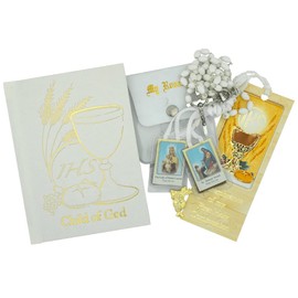 First Holy Communion Gift Set | Catholic Prayer Kit for Children | Includes Mass Missal, Bookmark, Rosary, Pouch, and Pin | Black or White for Boys and Girls (White)