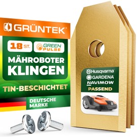 GRÜNTEK Mähroboter Ersatz-Klingen Set 18-tlg, kompatibel mit Husqvarna/Gardena/Navimow, Edelstahl TiN Beschichtet, hochpräzise, langlebige Ersatzmesser für Roboter Rasenmäher, mit Schrauben