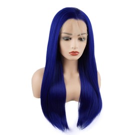 Meiyite Hair Straight Long 24inch Navy Blue Half Hand Tied Heavy Density Synthetic Lace Front Wigs
