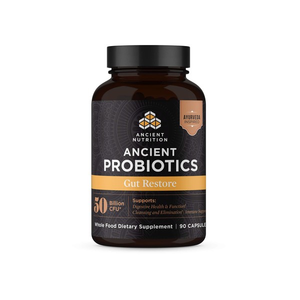 Ancient Nutrition Probiotics, Gut Restore 90ct with Ginger and Fenugreek, Supports Digestive Functions, Reduces Diarrhea, Constipation, Gas and Bloating, Superfoods Blend, 50 Billion CFUs*/Serving