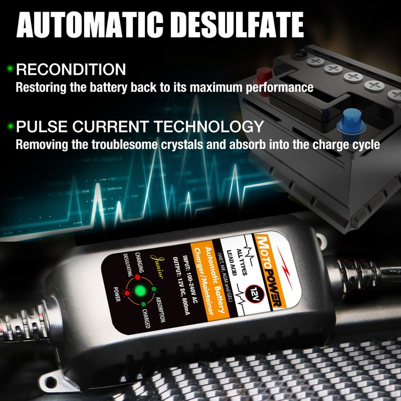 MOTOPOWER MP00205A 12V 800mA Automatic Battery Charger, Maintainer, Trickle and