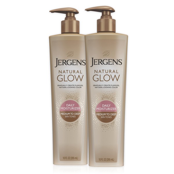 Jergens Natural Glow Sunless Tanning Lotion, Medium to Deep Self Tanner Tone, 10 Ounce Daily Moisturizer Pump, featuring Antioxidants and Vitamin E, (2 Pack)