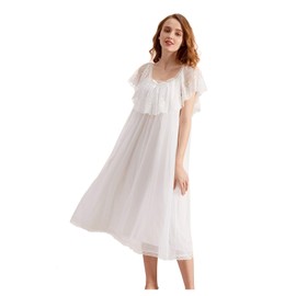Sharebeauty Soft Rayon & Mesh Lacy Nightgown Retro Victorian Loungewear for Women Ethereal Swing Sleepwear Nightdress Nightshirt Pajamas White M