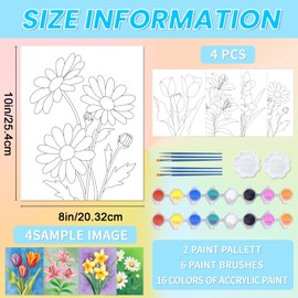 ACRNIGHEET 4PCS Pre Drawn Canvas for Painting for Adults Flower Theme Pre Drawn Canvas Painting Set Paint and Sip Kit Pre Printed Canvas Lady Night Couples Date Night Games Party Supplies 8 X 10 Inch