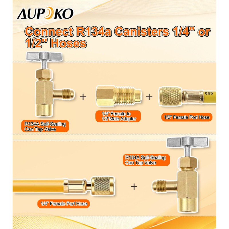 Aupoko R134A Self-Sealing Can Tap with Tank Adapter, 1/2" Acme