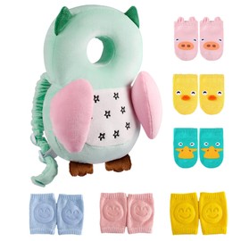Mounting UP Baby Toddler Walker Head Protector Backpack Adjustable Wear Head Protection Safety Pad Backpack with 3 Pairs Knee Pads & 3 Pairs Socks Walking & Crawling Cute Owl MTY HX WZ S7 CA