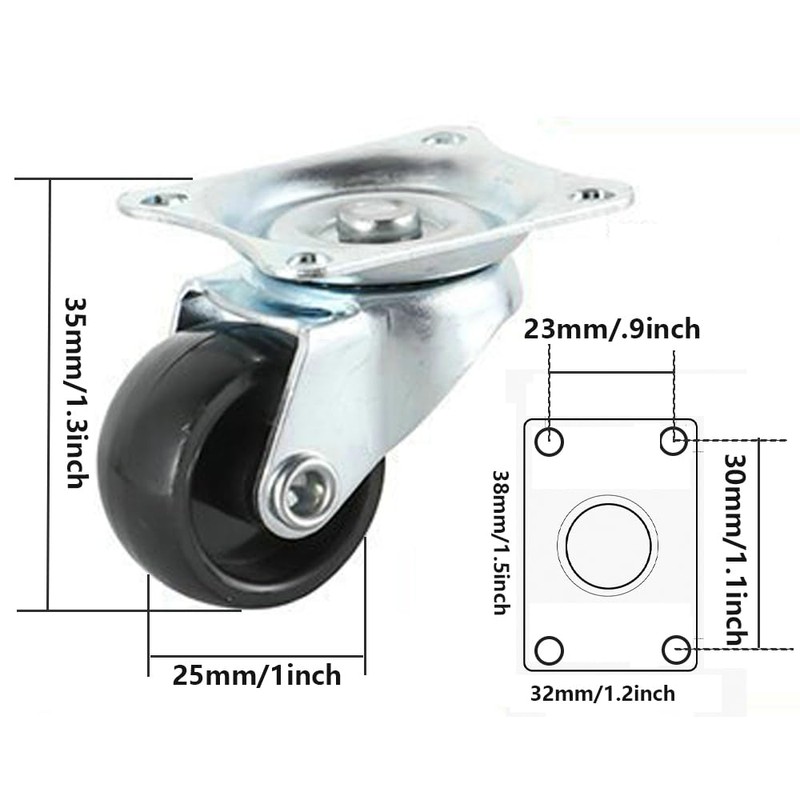 8 Pack 1" Swivel Caster Wheels Rubber Base with Top