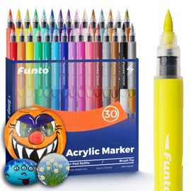 Funto Acrylic Paint Markers, 30 Colors Brush Tip Paint Pens for Lettering, DIY Crafts, Wood, Rock, Canvas, Glass & Ceramic, Quick-Drying Acrylic Markers for Art Projects, School Supplies