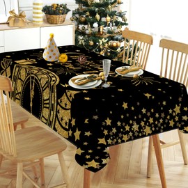 Tailus Merry Christmas Happy New Year 2025 Rectangle Tablecloth 60x104 Inch, Black Gold Clock Decorative Table Cloth Dining Table Cover, Winter Firework Celebration Dinner Party Picnic Decoration